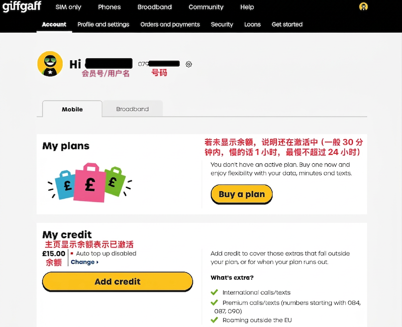 giffgaff 激活码输入页面